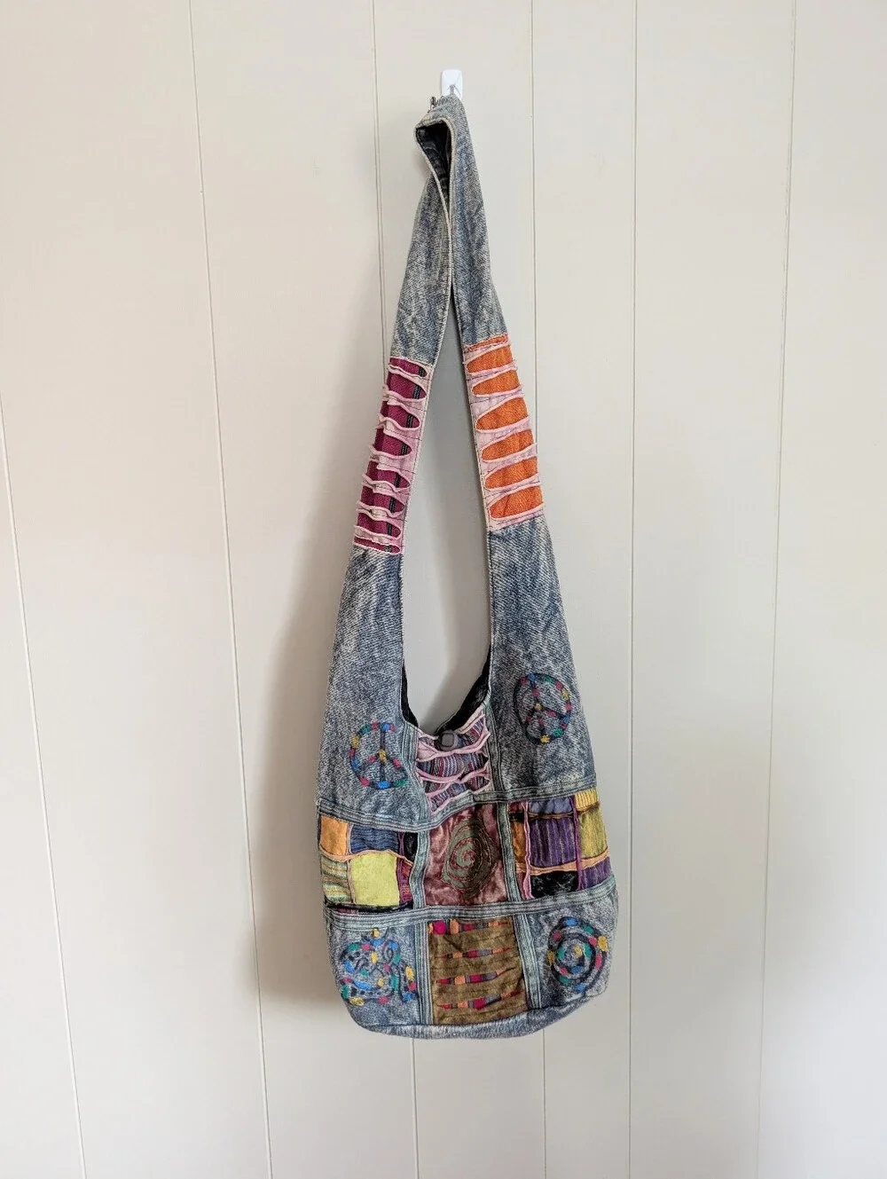 Y2K Bohemian-Style Washed Denim Patchwork Sling Bag